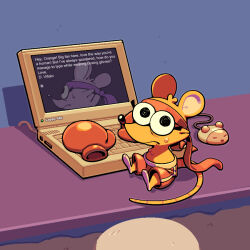  1girl boxing_gloves commentary computer computer_mouse deltarune discount-supervillain english_commentary eyelashes frown furry furry_female headband laptop looking_at_viewer mini_person minigirl mouse_(animal) orange_(deltarune) orange_fur reflection shorts sitting solo sweat toon_(style) utdr_(toby_fox) 