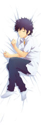  1boy a_certain_high_school_uniform absurdres bare_arms bed_sheet black_hair black_pants clenched_hand closed_eyes collared_shirt commentary dakimakura_(medium) from_side grey_socks highres kamijou_touma lying male_focus no_shoes on_side orange_shirt pants parted_lips school_uniform shirt short_hair short_sleeves sleeping socks solo spiky_hair summer_uniform toaru_majutsu_no_index tobe! white_background white_mouth white_shirt 