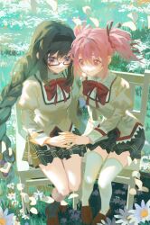 2girls absurdres akemi_homura black_hairband black_skirt black_socks bow bowtie brown_shoes chair commentary drill_hair flower hair_between_eyes hairband highres holding_hands interlocked_fingers juliet_sleeves kaname_madoka loafers long_sleeves mahou_shoujo_madoka_magica mahou_shoujo_madoka_magica_(anime) miniskirt mitakihara_school_uniform multiple_girls on_chair pink_eyes pink_hair plaid_clothes plaid_skirt puffy_sleeves red_bow red_bowtie red_ribbon remremdraws ribbon school_uniform shoes sitting skirt smile socks sweater thighhighs twin_drills twintails untranslatable_commentary white_thighhighs yellow_sweater