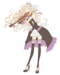  bad_id bare_shoulders blonde_hair bow_(instrument) buttons copyright_request detached_sleeves dress feathers gloves hair_ornament hairband high_heels instrument long_hair open_mouth ribbon shoes simple_background solo standing striped thigh-highs thighhighs violin wavy_hair wings zettai_ryouiki 