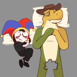  1boy 1girl alternate_costume artist_name belt black_belt black_pants black_shirt black_shoes blush_stickers closed_eyes closed_mouth collared_shirt commentary cowboy_hat crocodile_boy crocodilian_tail crumbs furry furry_male grey_background gummigoo hands_on_own_chest hat head_on_pillow highres jester_cap lying maniqui meme on_back on_side pants pillow pomni_(the_amazing_digital_circus) shirt shoes short_sleeves sleeping smile tail the_amazing_digital_circus 