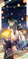  1boy ahoge aqua_hair arm_tattoo asymmetrical_gloves baggy_pants belt black_gloves black_hair black_pants black_sky blue_belt blurry blurry_background boots border brown_boots chinese_clothes clouds cloudy_sky coin crossed_legs detached_sleeves eyeshadow facial_mark feet_out_of_frame forehead_mark genshin_impact gloves gold_coin gold_trim green_gloves hair_between_eyes highres holding holding_lantern jewelry lantern long_sleeves looking_at_object looking_down makeup male_focus mandarin_collar mismatched_gloves multicolored_hair necklace night ocean outdoors outside_border pants paper_lantern pearl_necklace pelvic_curtain red_eyeshadow rope shirt short_hair shoulder_spikes sidelocks single_bare_shoulder single_detached_sleeve sitting sky sky_lantern sleeveless sleeveless_shirt solo spikes star_(sky) starry_sky suika_(rios151794) summer_festival tassel tattoo teeth two-tone_hair water white_border white_shirt white_sleeves wide_sleeves xiao_(genshin_impact) yellow_eyes 