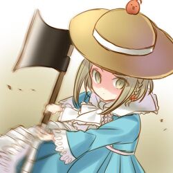  1girl afterimage animal_on_head axe blonde_hair blue_dress capelet commentary_request dress emil_chronicle_online eto_ichika gradient_background hat holding holding_axe imminent_attack looking_at_viewer lowres on_head solo starler_alma straw_hat white_background white_capelet yellow_background yellow_eyes 