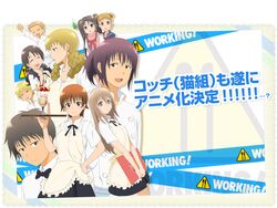  adachi_masahiro april_fools cigarette closed_eyes eyes_closed hand_on_cheek hand_on_hip hand_on_own_cheek hand_on_own_face higashida_daisuke hips kamakura_shiho kondou_kisaki kouno_takuya menu miyakoshi_hana muranushi_sayuri nagata_rui open_mouth parfait scarf school_uniform serafuku shindou_yuuta smile tray waitress working!! working!!_(web_manga) yanagiba_miri 