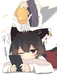  1girl animal_ears annoyed blush_stickers brown_hair cat_ears cellphone chen commentary_request earrings highres holding holding_toy jewelry long_sleeves lying no_nose one_eye_closed phone pillow red_skirt red_vest ro_74 shirt singing single_earring skirt smartphone squid sweatdrop touhou toy vest white_background white_shirt yakumo_ran 