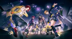  3boys 3girls aerial_fireworks arai_motoha artist_request belt bird black_belt black_hair black_socks blue_eyes blue_hair bow brown_hair checkered_clothes checkered_pants checkered_skirt crossed_arms fireworks grey_pants grey_skirt hirano_aran ikenami_shouki kamishiro_nagisa kanou_shun kokatsu_academy_school_uniform lamppost lufel_(owl)_(p5x) lufel_(p5x) multiple_boys multiple_girls official_art open_mouth owl pants persona persona_5 persona_5:_the_phantom_x purple_hair red_bow red_eyes red_hair school_uniform skirt smile socks star_(sky) star_(symbol) tanemura_riko third-party_source tree 
