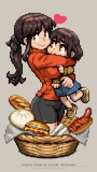  2girls artist_name basket big_sister_(navigavi) bike_shorts black_ribbon black_shorts blue_skirt borrowed_character bread breasts brown_hair burger carrying carrying_person child closed_mouth commentary_request cropped_legs denim denim_skirt do_not_want english_text eyelashes food from_side full_body grey_background hair_ribbon heart highres hot_dog hug large_breasts little_sister_(navigavi) long_hair long_sleeves looking_at_another looking_at_viewer multiple_girls nishi open_mouth orange_eyes orange_sweater original pixel_art pixel_heart ponytail ribbon sandwich short_hair short_shorts shorts siblings sidelocks simple_background sisters skirt smile steamed_bun sweater teeth turtleneck turtleneck_sweater variant_set yellow_sweater 