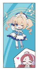  2girls ahoge arm_up barbara_(genshin_impact) blonde_hair blue_background blue_eyes blush bow chibi chibi_only clapping closed_eyes cross detached_sleeves dress drill_hair full_body genshin_impact hair_between_eyes hat headphones heart highres long_hair long_sleeves multiple_girls musical_note one_eye_closed open_mouth original pale_skin pr_ponnyan red_hair twin_drills twintails white_dress 