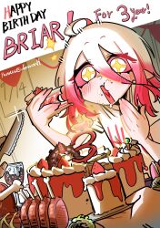  1girl ahoge birthday_cake briar_(league) cake cake_slice colored_sclera food grey_hair hair_between_eyes happy_birthday heart heart_in_mouth highres league_of_legends long_hair meat multicolored_hair no_pupils parvus_daemonh pink_hair pink_sclera strawberry_shortcake twitter_username two-tone_hair vampire white_eyes 