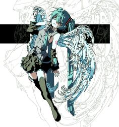  1girl angel_wings black_skirt black_sleeves black_thighhighs blue_eyes blue_hair blue_nails blue_necktie detached_sleeves expressionless grey_shirt hatsune_miku head_tilt highres looking_at_viewer necktie shirt skirt solo thigh-highs vocaloid wings zer0h zettai_ryouiki zoom_layer 
