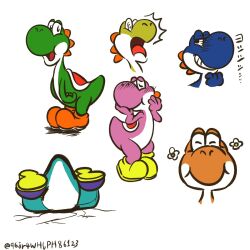 artist_name blush closed_eyes flower hands_on_own_cheeks hands_on_own_face happy highres ink multiple_views no_humans on_ground open_mouth scheming shoes simple_background smile sound_effects spikes standing stuck super_mario_bros. surprised twitter_username white_background yoshi 