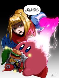  1girl 1other absurdres artist_name blonde_hair burger commentary donkey_kong_(series) eating english_commentary english_text fleurashdesign food hand_on_another's_back hand_on_another's_head hat highres kirby kirby_(series) metroid metroid_ravenous mole mole_under_mouth pizza pizza_slice samus_aran smash_ball speech_bubble super_mario_bros. super_smash_bros. the_legend_of_zelda 