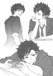  1boy arm_support blazer book cellphone closed_mouth collared_shirt commentary curtained_hair ensemble_stars! fingernails greyscale hand_up highres holding holding_phone hood hood_down jacket lapels looking_at_viewer lying male_focus monochrome multicolored_hair nagumo_tetora necktie notched_lapels on_stomach open_book open_clothes open_jacket open_mouth phone school_uniform shirt signature simple_background sleeves_rolled_up smartphone smile streaked_hair two-tone_hair usui_(usui_koi) white_background wing_collar yumenosaki_school_uniform 