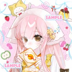  >_< ahoge animal animal_on_head apple apple_slice black_bow border bow bowtie bread bread_slice brown_eyes cat cat_on_head cherry chinese_commentary cloak closed_mouth clothed_animal commentary_request commission country_lolita ear_covers eating expressionless eyelashes eyes_visible_through_hair fingernails floral_print flower food food_in_mouth fork fried_egg fried_egg_on_toast fruit green_apple hair_bow hair_flower hair_ornament halftone headscarf highres holding holding_food hood hood_up hooded_cloak infinity_nikki ketchup lace_background layered_sleeves light_blush light_frown lolita_fashion long_hair long_sidelocks long_sleeves looking_at_viewer low-tied_long_hair momo_(nikki) nikki_(nikki) nikki_(series) on_head orange_scarf outside_border pink_background pink_hair plate print_headwear print_scarf pudding red_bow red_bowtie round_border sample_watermark scarf shirt short_over_long_sleeves short_sleeves shoulder_bow sidelocks sleeves_past_wrists sparkle star_(symbol) stardew_valley stardew_valley_encounter_(infinity_nikki) strawberry toast traditional_bowtie v-shaped_eyebrows vest watermark white_border white_cat white_headscarf white_shirt xiangyang255 yellow_bow yellow_cloak yellow_flower yellow_vest 