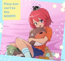  1boy 2026 animal_on_head animalization artist_name blue_shorts blush_stickers cephalomeow character_name degrees_of_lewdity double-parted_bangs english_text fang feet_out_of_frame gwylan_(degrees_of_lewdity) highres hugging_object knees_up kylar_(degrees_of_lewdity) looking_at_viewer male_focus on_head orange_shirt player_character_(degrees_of_lewdity) player_character_(male)_(degrees_of_lewdity) red_hair robin_(degrees_of_lewdity) shirt short_sleeves shorts simple_background sitting sydney_(degrees_of_lewdity) v-shaped_eyebrows violet_eyes whitney_(degrees_of_lewdity) 