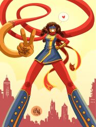  1girl 2023 absurdres alt_text artist_logo blue_bodysuit blue_boots blue_mask bodysuit boots brown_hair cityscape clouds dark-skinned_female dark_skin dated domino_mask elasticity english_commentary extendable_limbs eye_mask halftone halftone_background heart highres kamala_khan logo marvel mask mikemaihack ms._marvel_(series) open_mouth outdoors red_bodysuit red_scarf scarf signature smile spoken_heart superhero_costume v 