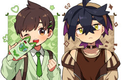  2boys backpack bag black_hair blush brown_eyes brown_hair brown_hairband brown_tank_top cardigan cellphone choker clenched_hand closed_mouth collared_shirt commentary_request crossed_bangs ear_piercing florian_(pokemon) green_cardigan green_necktie hair_between_eyes hair_ornament hairband hairclip heart highres holding holding_phone jacket kieran_(pokemon) male_focus mole mole_on_neck multicolored_hair multiple_boys necktie one_eye_closed open_clothes open_jacket open_mouth phone piercing pokemon pokemon_(creature) pokemon_scarlet_and_violet purple_hair rii_(pixiv11152329) rotom rotom_phone shirt simple_background tank_top teeth upper_body upper_teeth_only white_shirt yellow_eyes 
