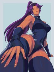  1girl absurdres armpits bare_shoulders black_leotard black_thighhighs bleach bleach:_sennen_kessen-hen breasts commentary covered_navel covered_nipples dark-skinned_female dark_skin fingernails hand_on_own_thigh highres leotard long_hair looking_at_viewer ponytail purple_hair shihouin_yoruichi shihouin_yoruichi_(innersuit)_(sennen_kessen-hen) simple_background sira_(si12o2) sleeveless solo thick_thighs thigh-highs thighs tight_clothes yellow_eyes 