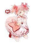  antenna2669 antenna_(draconian) bow bubble_skirt choker gloves hair_bow kaname_madoka kneeling kyubey magical_girl mahou_shoujo_madoka_magica open_mouth pink_hair puffy_sleeves shoes short_twintails signature smile soul_gem twintails wink 