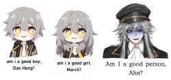  1boy 1girl 1other absurdres akivili_(honkai:_star_rail) androgynous ascot badge black_eyes black_hat black_jacket blush caelus_(honkai:_star_rail) closed_mouth collared_shirt dual_persona empty_eyes english_text grey_hair grey_pupils hair_between_eyes hat highres honkai:_star_rail honkai_(series) hood hooded_jacket implied_yaoi implied_yuri jacket lapels long_hair long_sleeves looking_afar looking_at_viewer male_focus mvgwq nervous_smile open_clothes open_jacket open_mouth other_focus peaked_cap russian_commentary scared shirt short_hair sidelocks simple_background smile stelle_(honkai:_star_rail) sweat t-shirt tassel trailblazer_(honkai:_star_rail) upper_body very_long_hair white_ascot white_background white_shirt yellow_eyes 