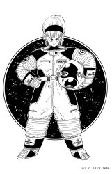  1girl astronaut bob_cut bulma commentary_request copyright_notice dragon_ball dragon_ball_z earrings furrowed_brow greyscale hairband hand_on_own_hip helmet highres holding holding_unworn_helmet jewelry monochrome official_art short_hair smile solo space_helmet spacesuit stud_earrings toriyama_akira unworn_headwear unworn_helmet v-shaped_eyebrows 