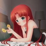  bare_shoulders bed blanket blush earrings flower fractale green_eyes hair_down hair_flower hair_ornament highres jewelry long_hair looking_at_viewer necklace nessa nukunuku_(hinataboltuko) red_hair redhead smile solo under_covers 
