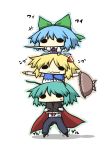  blonde_hair blue_hair bow cape chibi cirno dress green_hair hair_bow hat hat_removed headwear_removed holding holding_hat human_tower ice kurokoori no_mouth o_o pants rumia simple_background stacking touhou wavy_mouth wide_face wideface wriggle_nightbug youkai 