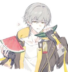  1boy 32c1ff artist_name badge black_gloves black_jacket caelus_(honkai:_star_rail) closed_mouth collarbone commentary_request fingerless_gloves food fruit gloves grey_hair hair_between_eyes hands_up highres holding holding_food holding_fruit honkai:_star_rail honkai_(series) hood hooded_jacket jacket lapels licking_lips long_sleeves looking_at_viewer male_focus open_clothes open_jacket shirt short_hair simple_background smile solo t-shirt tassel tongue tongue_out trailblazer_(honkai:_star_rail) two-sided_fabric two-sided_jacket upper_body watermelon watermelon_slice white_background white_shirt yellow_eyes yellow_jacket 
