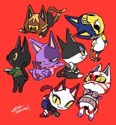  animal_crossing animal_ears ankha_(animal_crossing) bad_id bad_tumblr_id black_eyes blue_eyes cat_boy cat_ears cat_girl cat_tail character_request closed_mouth crossed_arms dated furry gender_request ikapnmn2 looking_at_viewer pink_shirt red_background shirt simple_background smile standing striped_tail tail 
