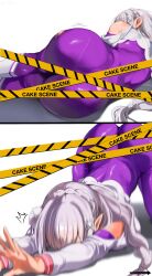  1girl absurdres accident arched_back ass ass_focus bodysuit braid breast_press caution_tape clothing_cutout crown_braid elf emilia_(re:zero) fallen_down flexible hair_ornament highres huge_ass lady_shin long_sleeves lying multiple_views on_side on_stomach pointy_ears purple_bodysuit re:zero_kara_hajimeru_isekai_seikatsu shoulder_cutout shrug_(clothing) skin_tight to_be_continued white_hair 