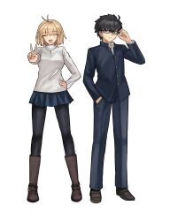  1boy 1girl absurdres adjusting_eyewear ahoge antenna_hair arcueid_brunestud black_eyes black_hair black_pantyhose blonde_hair blue_jacket blue_pants blue_skirt blush boots breast_pocket breasts brown_boots brown_shoes buckle_boot buttons carrotyeh closed_eyes facing_viewer full_body gakuran glasses hair_between_eyes hand_in_pocket hand_on_own_hip highres jacket jewelry large_breasts light_smile looking_at_viewer miniskirt necklace open_mouth outstretched_arm outstretched_hand pants pantyhose plaid_clothes plaid_skirt pocket school_uniform shiny_clothes shirt shoes short_hair simple_background single_hair_intake skirt smile souya_high_school_uniform standing sweater thigh_boots tohno_shiki tsukihime tsukihime_(remake) turtleneck turtleneck_sweater v white_background white_shirt white_sweater wing_collar 