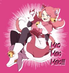 1girl 2018 2d animal_ears apron bell_hair_ornament boots cat_bell cat_ears cat_girl cat_tail character_name digital_media dress female female_only footwear_bell full_body gloves humanoid kagehi_g low_twintails mad_mew_mew neck_bell pantyhose pink_background pink_dress pink_hair puffy_sleeves solo tail text twintails two-tone_background undertale utdr_(toby_fox) white_background white_boots white_gloves