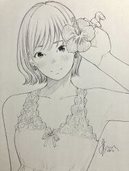  1girl arm_at_side bare_arms blush closed_mouth commentary_request flower flower_request greyscale hand_up highres holding holding_flower monochrome original pen_(medium) shirt short_hair signature sleeveless sleeveless_shirt solo straight_hair traditional_media upper_body wispy_bangs yoshimizm 