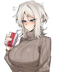  1girl absurdres alcohol_carton blue_eyes breasts brown_sweater drink_carton drunk faust_(project_moon) highres holding holding_drink_carton large_breasts limbus_company medium_hair project_moon ribbed_sweater sweat sweater turtleneck turtleneck_sweater vvernerluniq white_background white_hair 