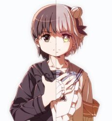  black_serafuku blush boro_(tn-boro) brown_hair commentary_request flower hair_flower hair_ornament hairband hand_on_own_chest henshin highres himekawa_koyuki magical_girl mahou_shoujo_ikusei_keikaku mahou_shoujo_ikusei_keikaku_unmarked pink_hair sailor_collar school_uniform serafuku short_hair snow_white_(mahoiku) solo yellow_eyes 