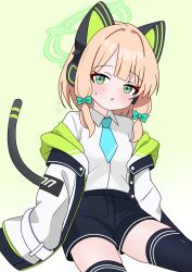  1girl absurdres animal_ear_headphones animal_ears black_shorts black_thighhighs blonde_hair blue_archive blue_necktie blush bow breasts cat_ear_headphones cat_ears cat_tail commentary_request fake_animal_ears fake_tail gradient_background green_background green_bow green_eyes green_halo hair_bow halo headphones highres hood hooded_jacket jacket looking_at_viewer midori_(blue_archive) necktie open_mouth shirt shorts si_kishi sitting small_breasts tail thigh-highs white_background white_shirt 
