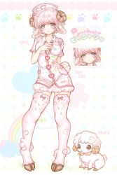  1girl animal_ears animal_feet arm_behind_back blue_eyes bow bow_legwear bowtie breasts full_body grass hat heart highres horizontal_pupils horns medium_breasts nurse nurse_cap original partially_unbuttoned pastel_colors pink_bow pink_bowtie pink_hair pink_thighhighs polka_dot polka_dot_background pyanyasha rainbow sheep sheep_ears sheep_girl sheep_horns sheep_tail short_hair sprinkles tail thigh-highs 