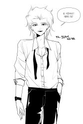  1boy absurdres black_pants buttons collared_shirt commentary_request cowboy_shot cross-laced_clothes fangs hair_slicked_back haman_0110 hand_in_pocket highres korean_commentary looking_at_viewer male_focus michael_roa_valdamjong monochrome necktie official_alternate_costume open_mouth pants shirt sleeves_rolled_up smile solo tsukihime tsukihime_(remake) unbuttoned unbuttoned_shirt undone_necktie vampire watch watch 