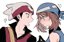  1boy 1girl 2girls ? bandana black_hair blue_bandana blue_eyes brendan_(pokemon) brown_hair closed_mouth commentary_request flying_sweatdrops from_side hat highres index_fingers_together korean_commentary looking_at_another may_(pokemon) multiple_girls nervous nervous_sweating open_mouth pokemon pokemon_adventures red_eyes shirt short_hair sleeveless sleeveless_shirt sweat ttftuv upper_body white_background white_hat 