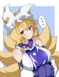  ... 1girl animal_hat armpit_crease bare_shoulders blonde_hair blue_background blush border bow breasts closed_mouth commentary_request dot_nose dress fox_girl fox_tail frown hair_between_eyes hair_bow hands_in_opposite_sleeves hat highres kitsune kyuubi large_breasts long_sleeves looking_at_viewer multiple_tails outside_border pom_pom_(clothes) puff_of_air purple_bow purple_tabard short_hair simple_background solo speech_bubble spoken_ellipsis tabard tail tasuku_(tusktouhou4) touhou upper_body white_border white_dress white_trim wide_sleeves yakumo_ran yellow_eyes 