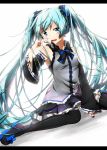  aqua_eyes aqua_hair bare_shoulders black_legwear detached_sleeves dutch_angle hatsune_miku headphones headset highres letterboxed light nail_polish sakuragi_ren sitting skirt smile solo thigh-highs thighhighs twintails vocaloid wariza 