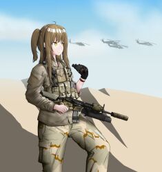  1girl ahoge aircraft assault_rifle attack_helicopter belt binoculars blue_sky blurry blurry_background brown_eyes brown_hair camouflage closed_mouth clouds cloudy_sky day depth_of_field desert edward_y_brad grenade_launcher gun helicopter highres holding holding_binoculars holding_weapon jacket long_hair long_sleeves m203 m4_carbine military military_uniform military_vehicle original outdoors pants pouch rifle sand silhouette sky solo standing underbarrel_grenade_launcher war_in_afghanistan weapon 