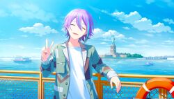  1boy :d ^_^ aqua_streaks asymmetrical_hair asymmetrical_sidelocks blue_sky closed_eyes clouds collarbone colorful_palette day double-parted_bangs drive_to_dream!_(project_sekai) facing_viewer game_asset green_jacket hand_up highres jacket kamishiro_rui lapels long_hair long_sleeves male_focus multicolored_hair new_york_city notched_lapels ocean official_art open_clothes open_jacket open_mouth outdoors project_sekai real_world_location shirt short_hair sidelocks sky smile solo standing statue_of_liberty streaked_hair third-party_source tongue united_states upper_body v very_long_hair violet_eyes white_shirt 