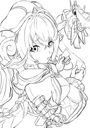  2girls black_gloves black_shrug blush breasts commentary_request curled_horns dragon_girl dragon_horns fingerless_gloves gloves goat_horns greyscale hair_between_eyes hat highres horns large_breasts long_hair magus_(zenless_zone_zero) mechanical_horns mechanical_tail monochrome multiple_girls orphie_magnusson pointy_ears potyaskeleton shrug_(clothing) simple_background tail twintails unfinished white_background yellow_gloves zenless_zone_zero 