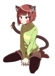  1other 2018 2d :( ambiguous_gender animal_ear_fluff animal_ears black_fur body_fur boots brown_boots brown_hair brown_shorts cat_ears chara_(undertale) digital_media green_sweater horizontal-striped_clothes human kagehi_g kemonomimi_mode kneeling long_sleeves multiple_piercings other_focus pantyhose pantyhose_under_shorts piercing ring_piercing seiza short_hair shorts simple_background single_horizontal_stripe solo striped_clothes striped_sweater sweater tail tail_piercing two-tone_sweater undertale utdr_(toby_fox) white_background yellow_stripes 