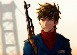  1boy animification ant-yummy antenna_hair assault_rifle beard_stubble blue_coat blurry blurry_background brown_hair coat commentary_request eddsworld facial_hair gun gun_on_back highres korean_commentary long_sleeves male_focus military_coat military_uniform multiple_boys name_tag paul_(eddsworld) red_sweater rifle short_hair solo stubble sweater thick_eyebrows turtleneck turtleneck_sweater unlit_cigarette_in_mouth upper_body utility_pole weapon weapon_on_back 