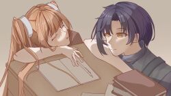  1boy 1girl absurdres arm_rest black_hair book brown_background brown_hair closed_eyes closed_mouth commentary curtained_hair eiyuu_densetsu estelle_bright head_rest highres joshua_bright long_hair notebook open_book parted_bangs parted_lips partially_shaded_face pen sherry_ntmu short_hair simple_background sitting sleeping smile sora_no_kiseki twintails untranslatable_commentary yellow_eyes 
