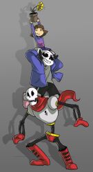  1other 2015 2d 3boys ambiguous_gender armor arms_up black_boots black_pantyhose black_shorts blue_jacket boots brothers brown_hair cape child commentary deviantart_sample digital_media double_horizontal_stripe english_commentary flower flower_pot flowey_(undertale) frisk_(undertale) full_body gloves grey_background grey_hood height_difference highres holding holding_flower_pot hollow_eyes hood hood_down hooded_jacket horizontal-striped_clothes human humanoid image_sample jacket leaf legs_apart long_sleeves making-of_available male monster monster_boy multiple_boys neomi-trix open_clothes open_jacket pantyhose pantyhose_under_shorts papyrus_(undertale) photoshop_(medium) pink_slippers pink_stripes plant potted_plant purple_shorts purple_sweater red_boots red_cape red_gloves red_shorts sans_(undertale) sentient_flower shadow shirt short_hair shorts siblings simple_background single_vertical_stripe skeleton slippers socks stacking standing striped_clothes striped_shorts striped_sweater sweater teeth two-tone_sweater undead undertale utdr_(toby_fox) vertical-striped_clothes vertical-striped_shorts white_armor white_shirt white_socks white_stripes yellow_flower yellow_trim 