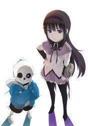 1boy 1girl akemi_homura akemi_homura_(magical_girl) arm_shield black_hair black_sclera blue_eyes blue_jacket capelet collared_capelet colored_sclera commentary_request crossed_arms crossover east-west_crossover full_body glowing glowing_eye hairband hand_on_own_hip height_difference highres jacket magical_girl mahou_shoujo_madoka_magica mahou_shoujo_madoka_magica_(anime) purple_eyes samidare_(hoshi) sans_(undertale) skeleton smile undertale utdr_(toby_fox) white_background