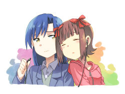  2girls amami_haruka blue_hair blue_jacket bow brown_hair closed_eyes closed_mouth commentary_request cropped_torso earphones earphones hachi_(8bit_canvas) hair_bow hood hood_down hooded_jacket idolmaster idolmaster_(classic) jacket kisaragi_chihaya lapels light_smile long_hair looking_at_another looking_to_the_side multiple_girls notched_lapels pink_jacket red_bow shared_earphones short_hair sideways_glance sleeping white_background yellow_eyes 